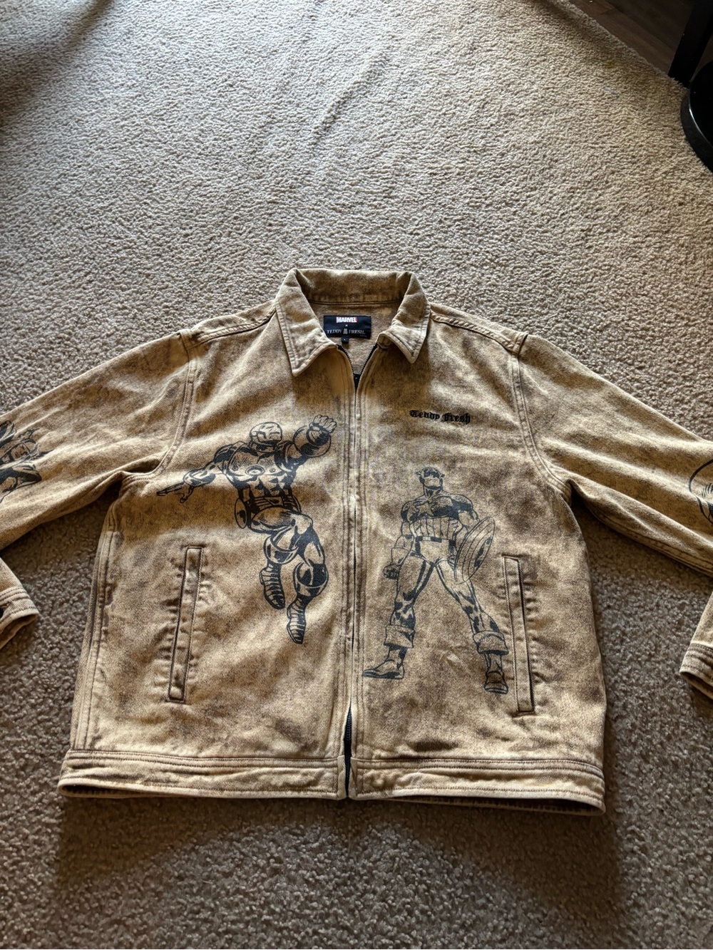 Marvel x Teddy Fresh Denim Jacket Acid Wash Iron Man Captain America Hulk Size L